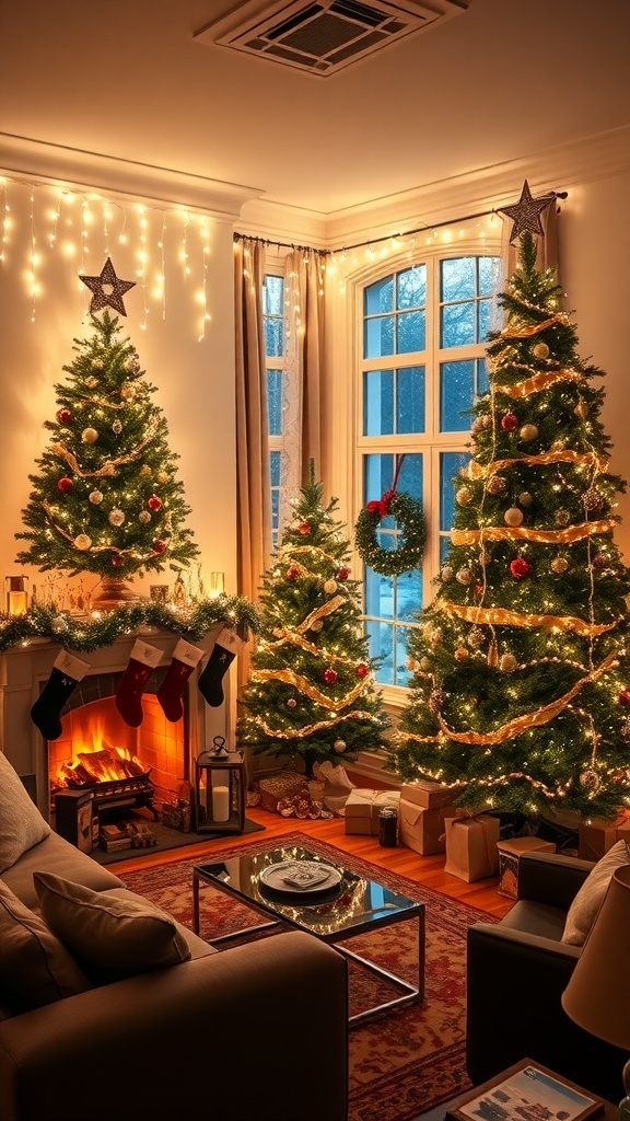 A cozy living room decorated with Christmas lights, featuring a sparkling tree and a warm fireplace.
